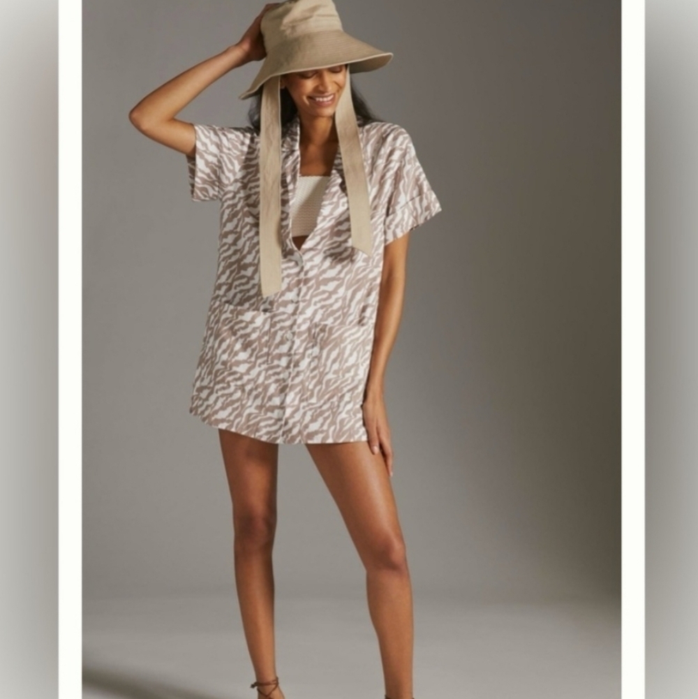 Anthropologie Amadi Zebra Stripe Safari Mini Shirt Dress Brown/White Med